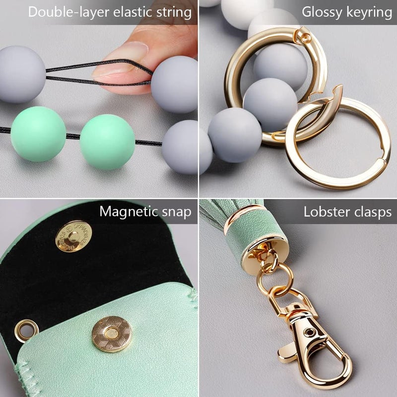 UpUDo Keychain Bracelet Wristlet, Silicone Beaded Key Ring Bracelet with Card Wallet, Elastic Keyring Bangle for Womens - Image 4